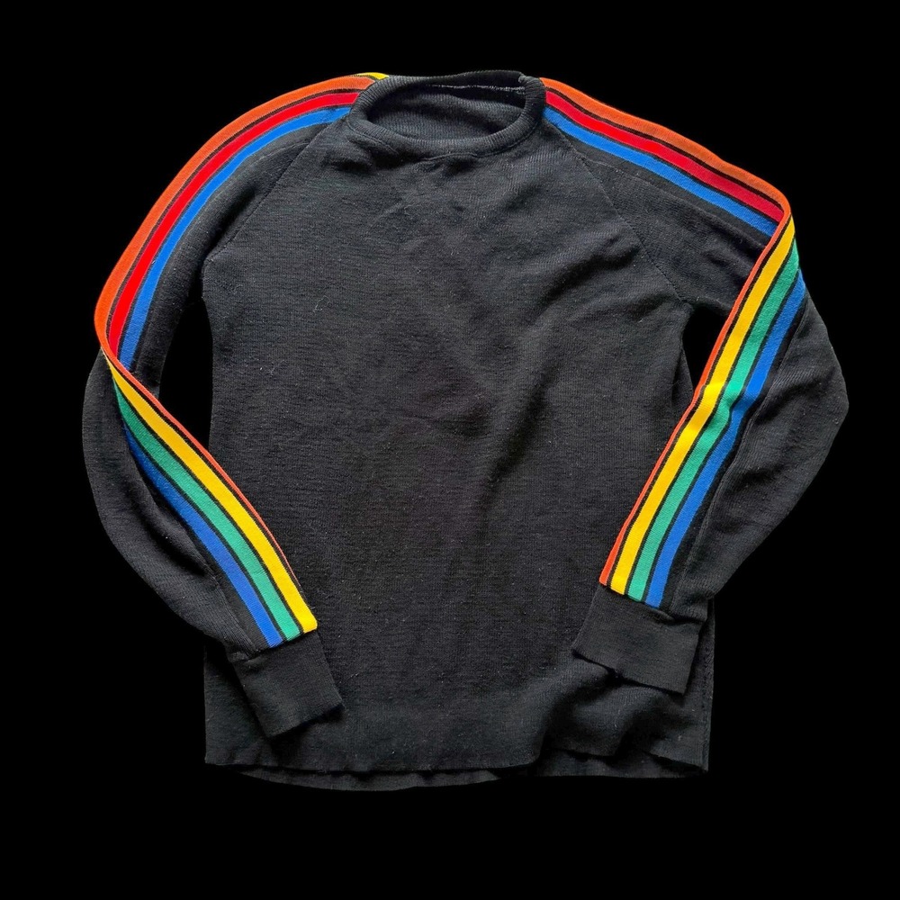 70's Vintage Knit Sweater Rainbow Stripe Raglan Sleeve Surf Pullover Crew Neck